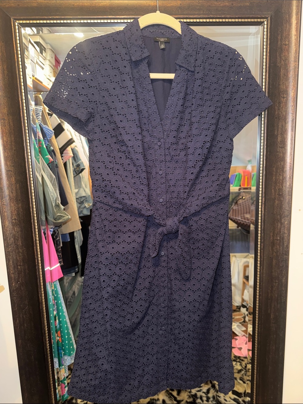 Talbots Navy Eyelet Tie-Waist Midi Dress